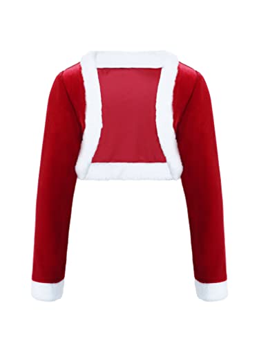 Hularka Kids Girls Faux Fur Trim Velvet Cardigan Shrugs Sweater Red Bolero Winter Shawl Wrap for Christmas Party