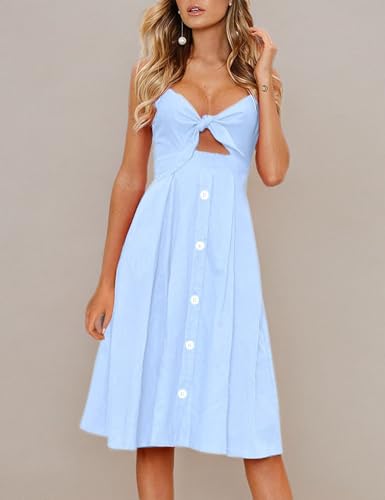 Image of FANCYINN Womens Tie Front Button Down A-Line Dresses Summer Spaghetti Strap Midi Dress Floral Prints