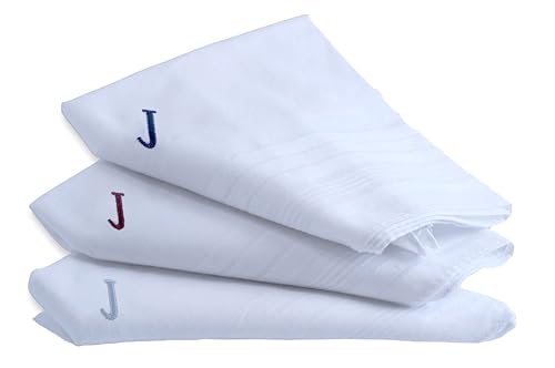 Handkerchiefs for Men, 3 Piece Set 100% Cotton Hanky, Pocket Square 16x16 inch, Wachine Wash, Embroidery Initial Monogrammed Personalized Gift, Letter J