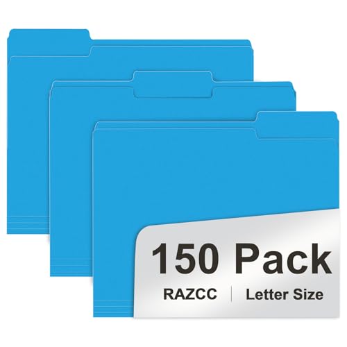 File Folder, RAZCC 150 Pack 1/3 Cut Tab File Folders Letter Size, Blue, Colored Folders with Tab Great for Organizing and Easy File Storage
