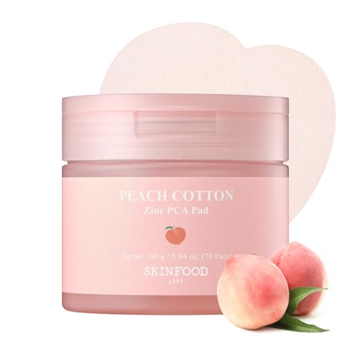 SKINFOOD Peach Cotton Zinc PCA Toner Pads, Korean Skincare for Dual Functional Hydrating,Soothing & Matte, Velvety Finish, Sebum Control for Sensitive, Oily, Acne-Prone Skin, 5.64 oz (70 Pads)