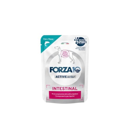 Forza 10 Umido Cane INTESTINAL, alimento completo dietetico per cani adulti di tutte le taglie e razze con disturbi intestinali gusto PESCE, for dogs | 12 bustine da 100 grammi l'una.