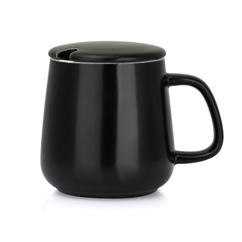 VOBAGA 15oz Ceramic Coffee Mug with Lid and Flat-Bottom, Morning Coffee Mug for Daily Use Warming Coffee & Tea (Black)