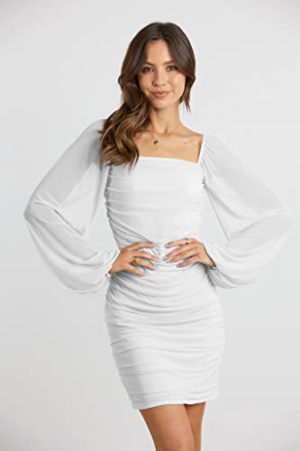Image of MASCOMODA Women Elegant Square Neck Lantern Long Sleeve Mini Ruched Bodycon Dress Stretch Mesh Slim Party Cocktail Dresses