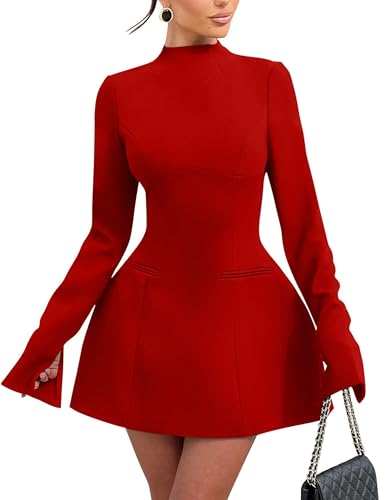 YMDUCH Women's Elegant Long Sleeve Mock Neck Backless A-line Party Mini Dress
