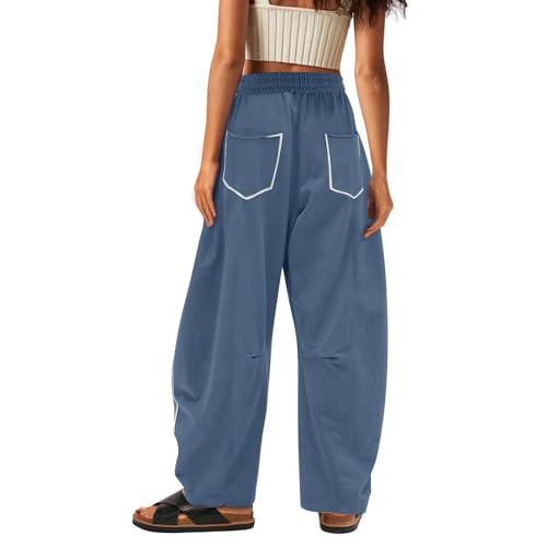 Image of Barrel Pants Women Casual Cargo Wide Leg Baggy Sweatpants Drawstring High Waisted Lounge Palazzo Pants with Pockets