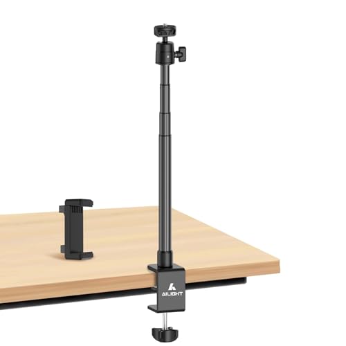 Ailight Camera Desk Mount Webcam Stand with Phone Holder, Adjustable Table Camera Stand with 1/4" Screw & C Clamp Overhead Tripod Webcam Mount for Logitech Obsbot insta360 Anker and Others