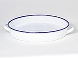 Bandeja Fuente Redonda Con Asas 30 cm Acero Esmaltado Ribete Azul Apta Horno...
