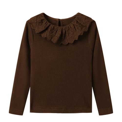 Image of LittleSpring Girls Ribbed Knit Long Sleeve Tshirt with Lace Ruffle Collar