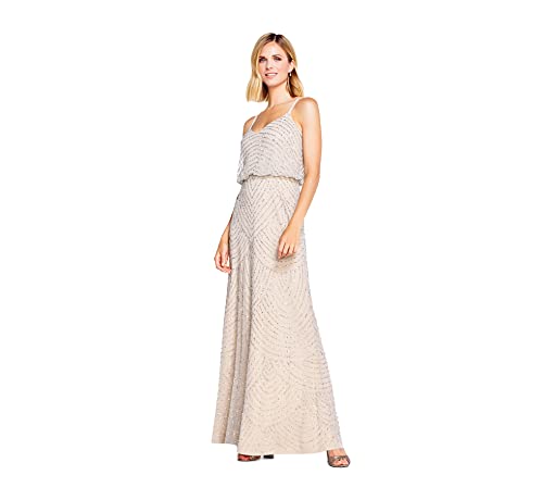 Adrianna Papell Women's Long Beaded Blouson Gown Dress, Silver/Nude, 22