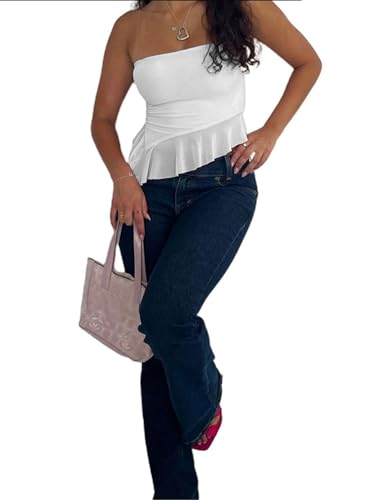 Remidoo Tube Tops for Women Sexy Sheer Mesh Strapless Top Asymmetrical Hem Ruffle Cropped Shirt3