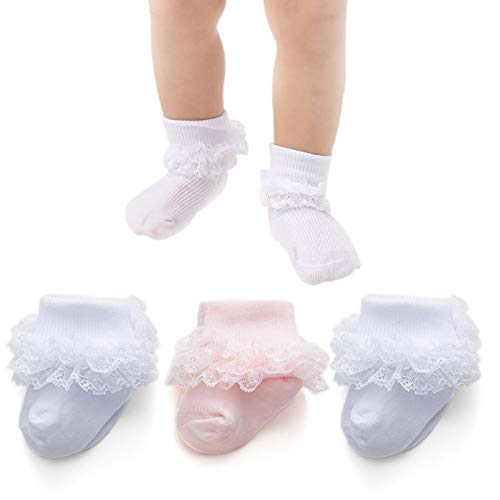 Mini Angel Baby Lace Socks Newborn Girls Triple Lace Ruffle Frilly Socks Soft Cotton Turn Cuff Socks with Box Gift Set,3 Pairs,White/Pink,0-6 Months