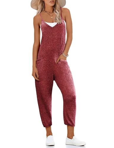 Ekouaer Jumpsuits for Women Sleeveless Spaghetti Strap Ribbed Overall Jumpsuit V Neck Summer Romper with Pockets 2026 Wine Red M
