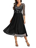 MIUSOL Women's Retro V-Neck 3/4 Sleeves Sequin Lace Formal Business Cocktail Party Dress (Large, Black)