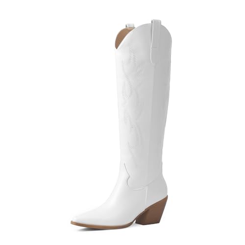 Image of iiimmu Cowgirl Boots Women Knee High Boots Pointed Toe and Block Heel Cowboy Suede and Faux Leather Boots with Embroidered