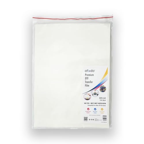 OFIXDO Film de transfert DTF de qualité supérieure - Format A3 - 100 feuilles - Double face mat/mat - Hot Peel - Pour imprimante DTF - Papier de transfert thermique