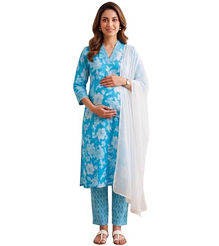 Image of DUMMY SHAPE Feeding Kurtis for Women Cotton Blend | Floral Kurta Pant Dupatta Set with Nursing Zippers to Pre & Post Partum | Maternity Dresses | Mom to Be Gifts for Pregnant Woman