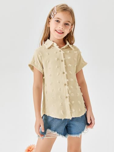 Image of Haloumoning Girls Button Down Shirts Short Sleeve Kids Casual Chiffon Blouse Summer Tops T-Shirt