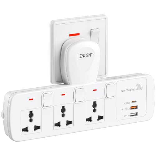 LENCENT Multi Plug Extension Socket, 3 Way Electrical Outlet Extender, PD&QC 3.0 20W USB Wall Charger, 6-in-1 Universal Plug Adapter, Charging Station for Home, Office, Kitchen, Individually Switched