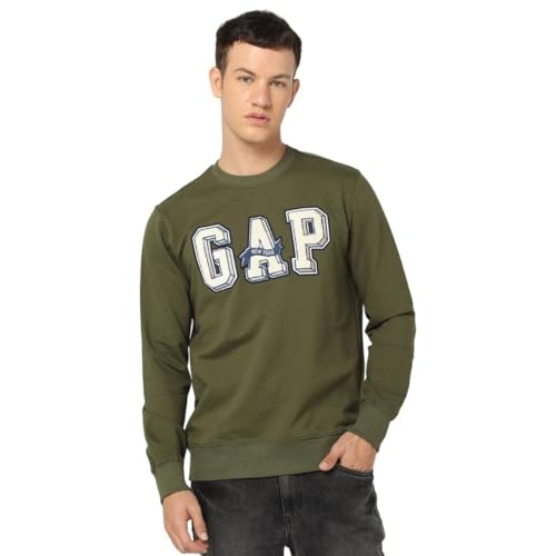 GAP Men's Cotton Crew Neck Sweatshirt (442306720_OliveGreen_Olive Green