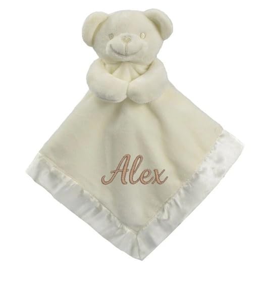 Personalised Newborn Baby Boys Girls Toy Comforter Blankets Elephant, Bunny, Giraffe, Zebra Teddy Embroidered Name | Gift Toy Comforter (Cream Satin Bear)