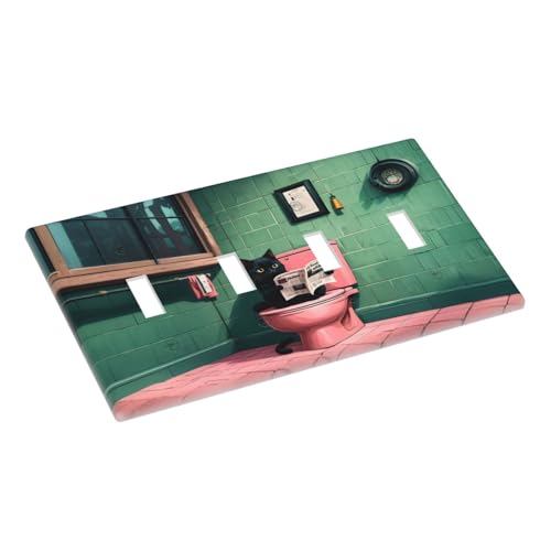 Decorative Light Switch Cover Plate Funny Black Cat Newspaper Pink Toilet 4 Gang Wall Plate Oversized Quad Toggle Switch Cover Plate Jumbo Faceplate for Bedroom Decor