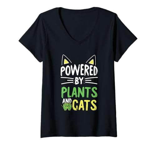 Donna Plant Powered Vegetarian Funny Cat Veggie Lover Vegan Maglietta con Collo a V