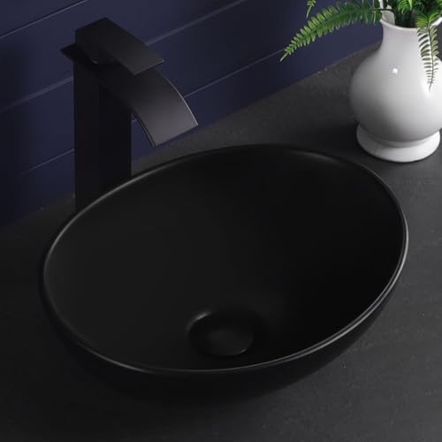 KMOEM Vessel Sink 16x13 Oval Bathroom Sink Modern Black Porcelain Ceramic Above Counter Drop-in Vanity Sink for Bathrooms Art Basin