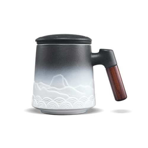 ZENS Teetasse mit Deckel und Sieb, 500ml Gro&szlig;e Holzgriff Teebecher mit Gradienten Gepr&auml;gtem Muster, Matte Keramik Teetassen mit Teesieb f&uuml;r Tee Geschenke, Schwarz und Wei&szlig;