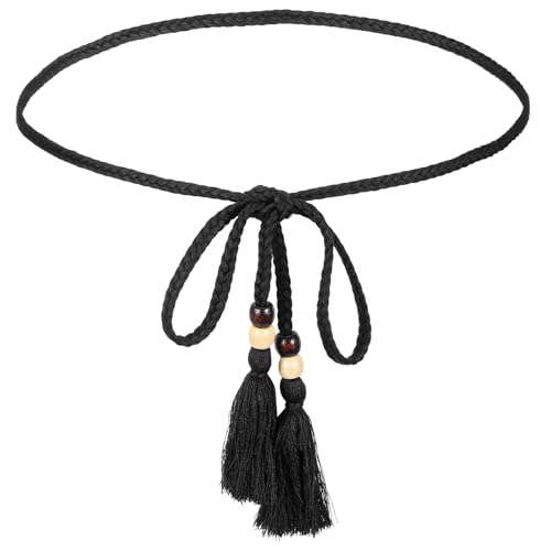 GEEHUA Cinturón de cintura trenzado con nudo para mujer, cinturón de tela estrecho con cadena de cuerda y borlas finas, cinturón de ropa para mujeres y niñas, vestidos, faldas, Negro , 183 cm