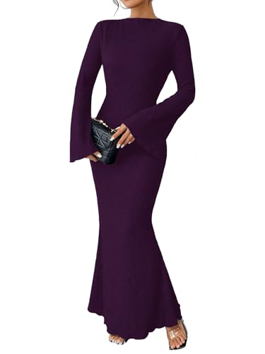 Narecte Fall Dresses for Women 2025 Maxi Dresses Solid Color Boho Formal Dress Flare Sleeve Bodycon Dress Dark Purple M