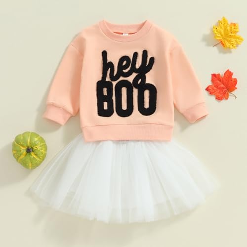 Image of FYBITBO Halloween Outfits For Toddler Girls Baby Kids Boo Sweatshirt Long Sleeve Shirt Tutu Skirt Dress Fall Clothes Sets