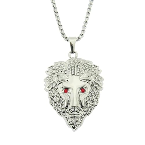 jtkhaweh Collier Pendentif Argent Bijoux Hommes Femmes Necklace Hip Hop Lion Tête Diamant Pendentif Collier 银色-格子链0.3 * 75Cm