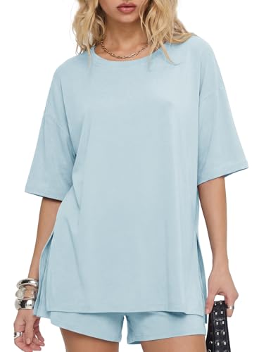 Image of Darong Women's 2 Piece Shorts Set Loungewear | oversized tshirts,crew neck top,drawstring shorts,elastic waist, side pockets,summer travel outfits