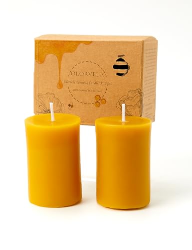olorvela 2x3 Inch Natural Beeswax Pillar Candles -100% Pure Beeswax Candles 2 Pack-40 Hour Burn Time,Unscented Bees Wax Candles for Home Decor,Prayer,Christmas,Party