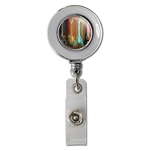 Guitars Electric Acoustic Rock and Roll Wood Paneling Retractable Reel Chrome Badge ID Card Holder Clip