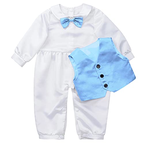 Kaerm Infant Baby Boys Gentleman Suit Long Sleeve Bow Tie Jumpsuit with Tuxedo Vest Two Piece Set Light Blue 12-18 Months