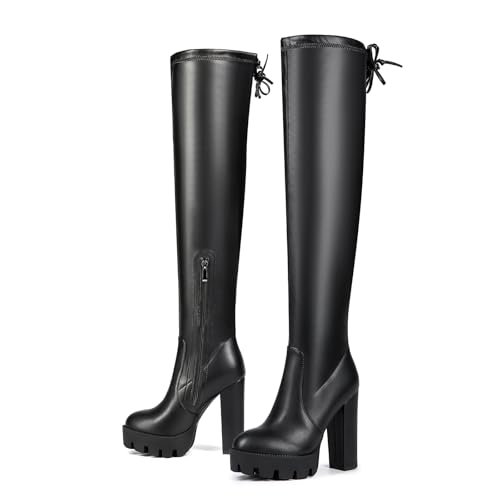 Women's Black Sexy Over The Knee Thigh High Chunky Heel Boots Round Toe Long Stretch Fashion Winter Boots