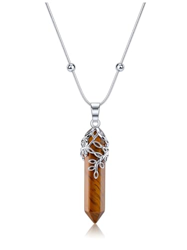 Jovivi Collier Pierre Naturelle Lithothérapie Pendentif Hexagonal Prisme Cristal Pointu en Pierre Précieuse Vintage Bijoux Collier Femme Fille (Oeil de Tigre)