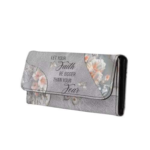 Butterfly Floral Women's Leather Trifold Wallet Grey Card Slots Card Holder, Lord Quotes Flowers Long Clutch Purse Checkbook Wallets for Ladies, Faith Bigger Than Fear