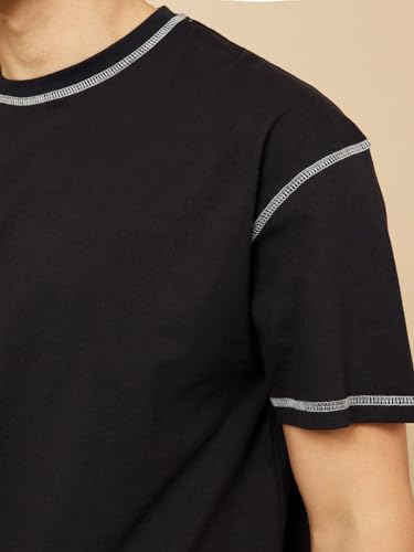 Image of Men's Oversized Crew Neck T-Shirt | Premium Cotton Blend | Contrast Stitch Detail | Half Sleeve Casual Solid Tee for Men