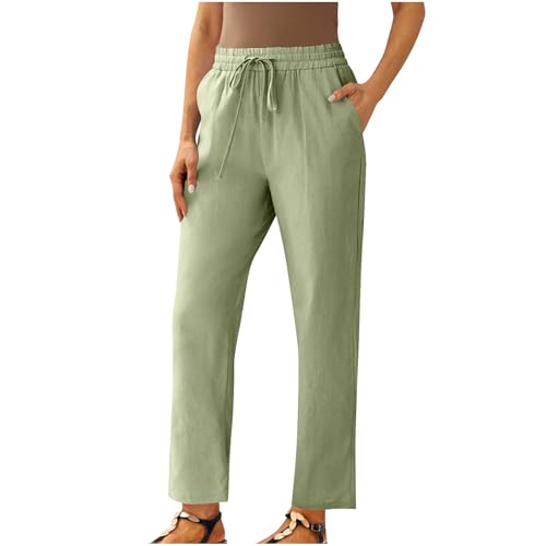 Cotton Linen Crop Pants for Women Gauze Drawstring High Waisted Straight Leg Trouser Casual Loose Beach Pant