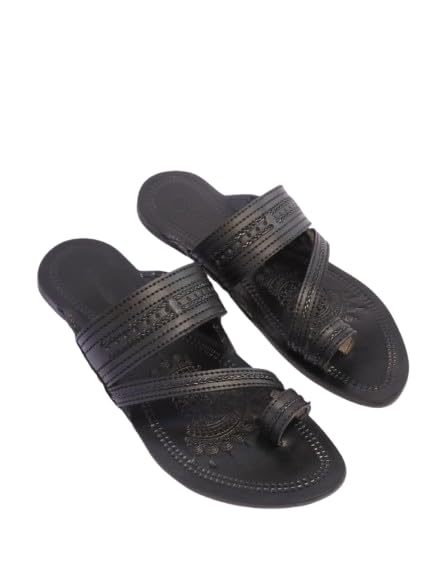 Men Textured Leather Kolhapuri Comfort Sandals, Brown, Slip-on, Cushioned Footbed, Traditional Style-image-30