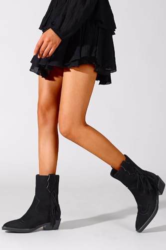 Cowboy Women's Fringe Western Boots Pointed Toe Mid Calf Boots Block Heel 1.5 IN Low Chunky Heels Boots Fashion Dressy Shoes3