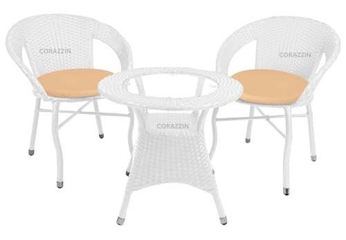 Image of Rattan Wicker Garden Patio Seating Chair and Table Set for Outdoor Balcony Garden Coffee Table Set Furniture with 1 Table and 2 Chair with Cream Cushion (White)