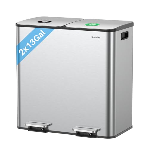 Dual Trash and Recycling Bins for Kitchen, 2×13 Gallon (2× 50L) Stainless Steel Trash and Recycle Bin Combo with Soft-Close Lid, Large Garbage Cans for Kitchen Home with 2 Magnets Sticker, Silver