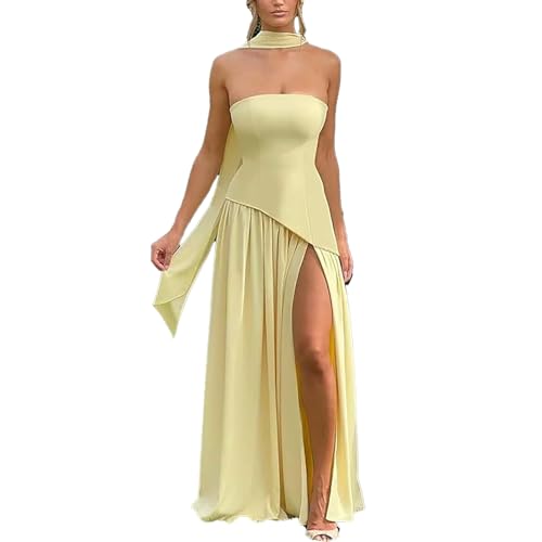 Trägerloses Korsett für Damen, asymmetrisch, hoch geteilt, fließend, Maxikleid, Abendkleid, Hochzeitsgästekleid mit Schal, gelb, Mittel