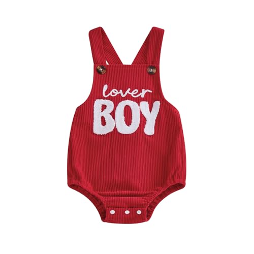 SAYOO Newborn Boy Valentines Clothes Lover Boy Letter Embroidery Romper Bodysuit Corduroy Backless Overalls Infant Clothes (Red 3-6 Months)