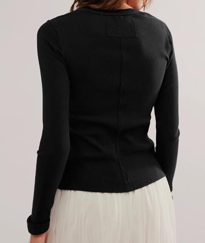 Image of Womens Slim Fitted Ribbed Cardigan Long Sleeve Y2K Button Down Shirts Lightweight Pullover Tunic Tops