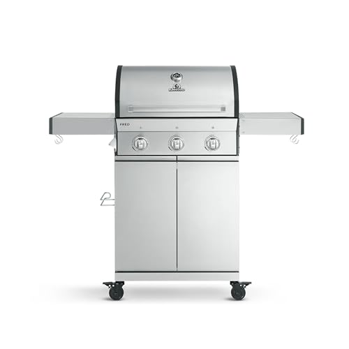 BURNHARD® Gasgrill 3-Brenner Edelstahl-Grillwagen, klappbare Seitentische, Gusseisen-Grillrost, Grillabdeckung – FRED Basic